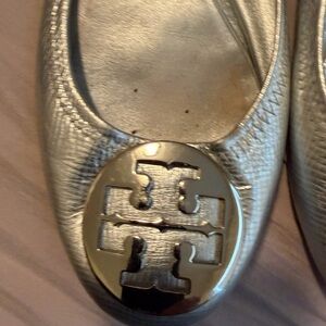 Tory Burch Silver Leather Logo Ballet Flats